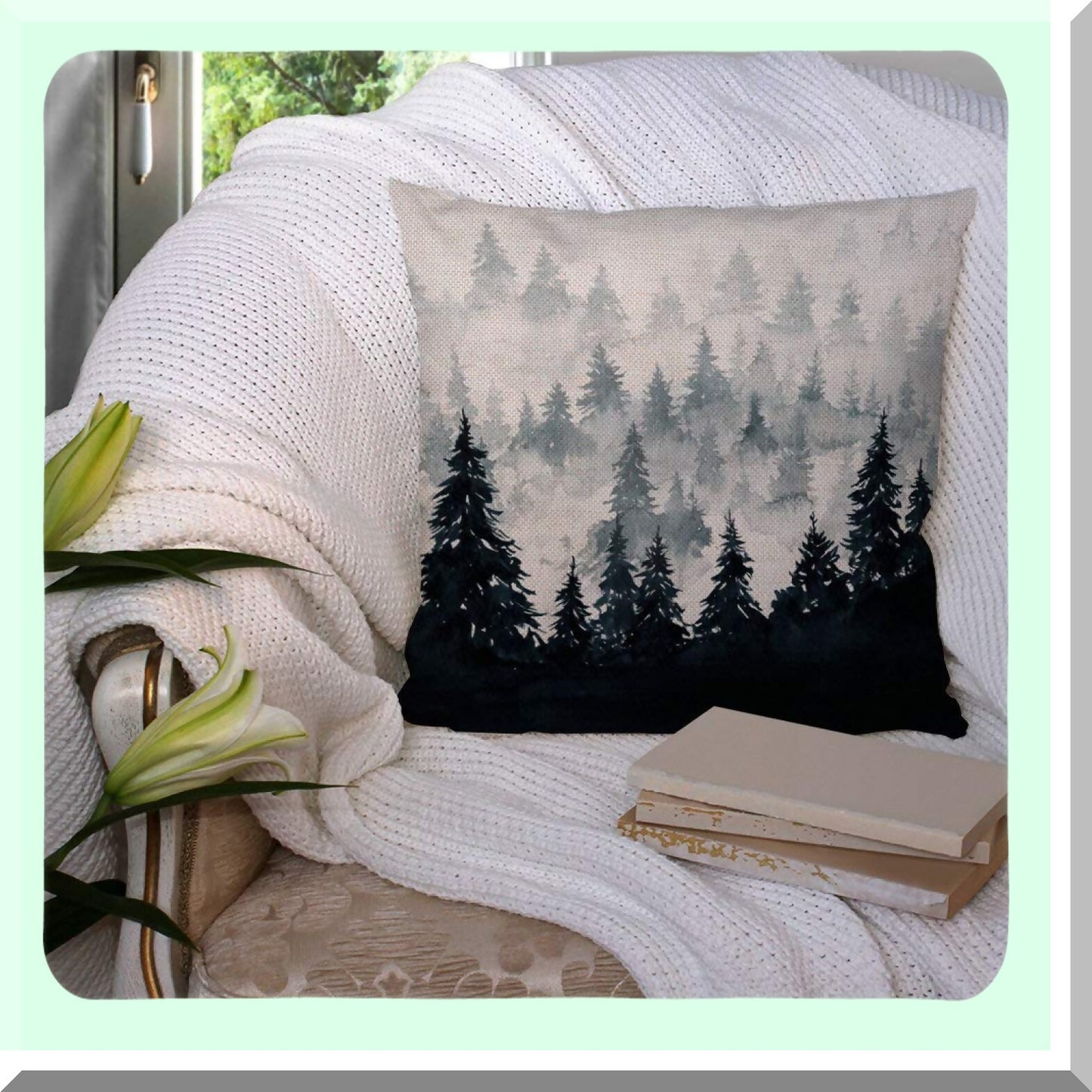 Mountain Mist Watercolor Farmhouse Pillow Covers - Set of 2 Decorative Square Pillow Covers 18x18 Inches for Rustic Home Decor - Farmhouse Chic