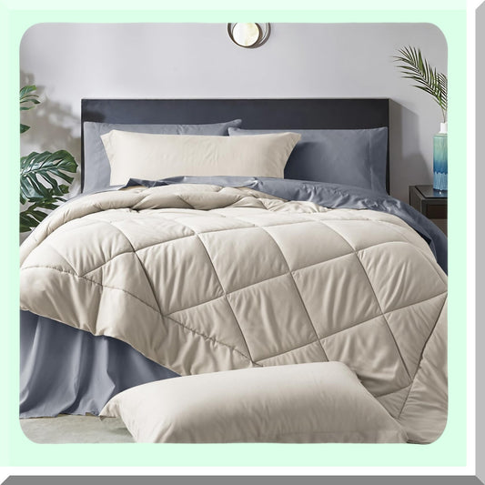Luxury Comfort 7-Piece Queen Bedding Set - Reversible Comforter, Sheets, Pillowcases, Shams - Beige & Grey Bed in a Bag for Queen Size Bed - Complete Bedroom Set