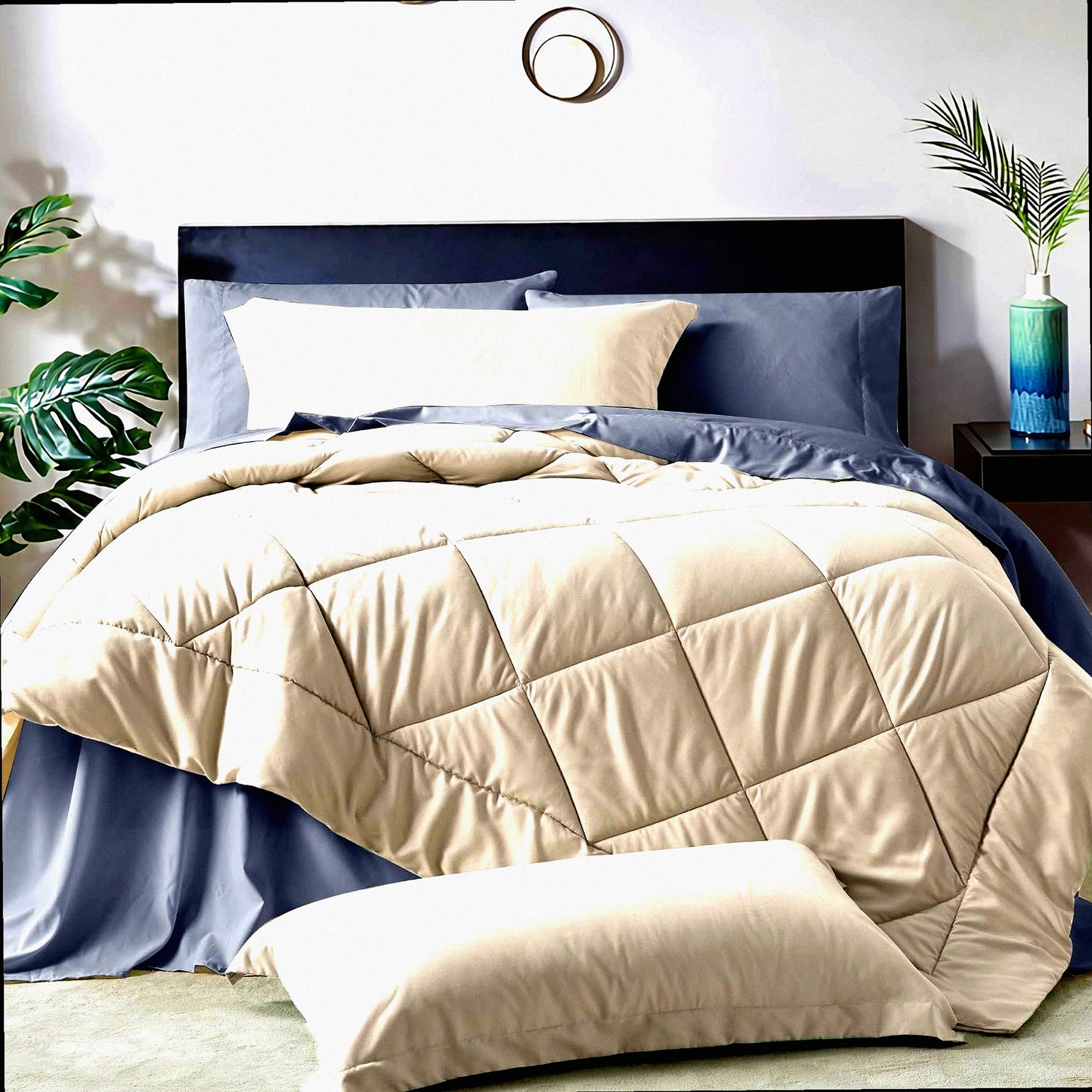 Luxury Comfort 7-Piece Queen Bedding Set - Reversible Comforter, Sheets, Pillowcases, Shams - Beige & Grey Bed in a Bag for Queen Size Bed - Complete Bedroom Set