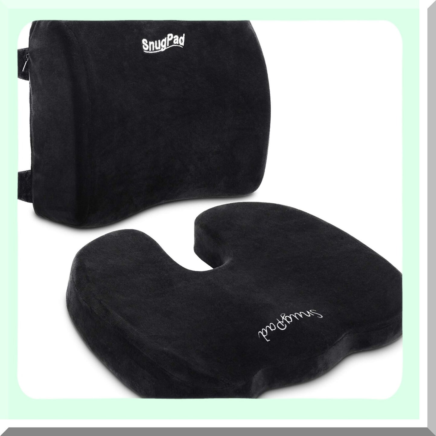 ErgoSupport Memory Foam Lumbar Seat Cushion - Lower Back & Coccyx Support - Washable Velvet Covers - Non-Slip Bottom - Office & Car Seats - Black