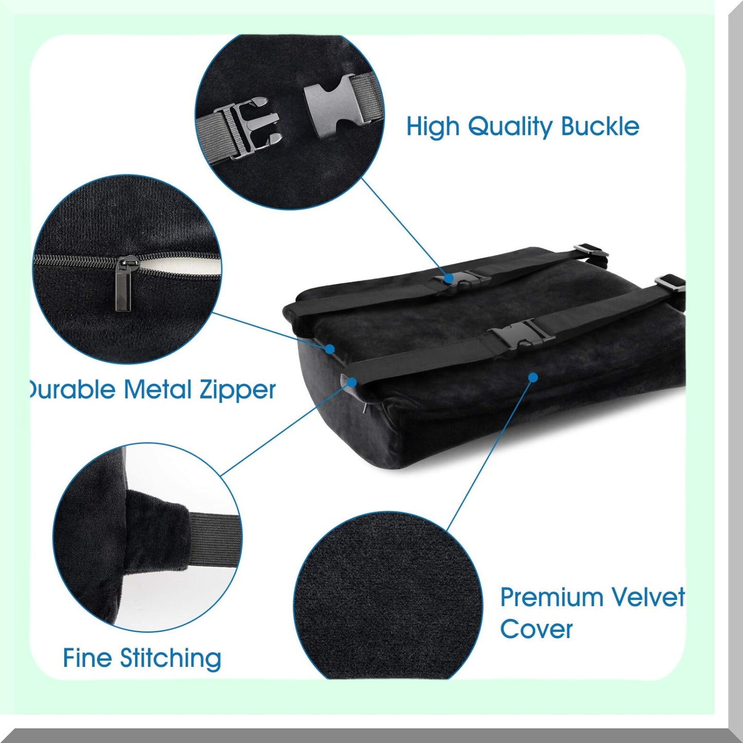 ErgoSupport Memory Foam Lumbar Seat Cushion - Lower Back & Coccyx Support - Washable Velvet Covers - Non-Slip Bottom - Office & Car Seats - Black