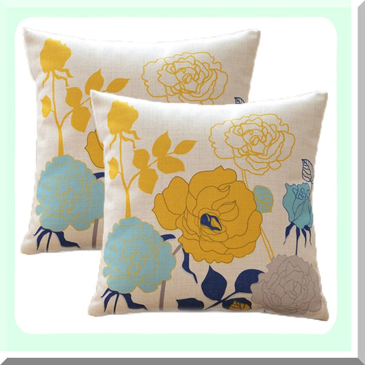 Floral Farmhouse Pillow Covers Set - Blue Yellow Cotton Linen Outdoor Throw 18x18 inch Decorative Cushion Cases for Couch Sofa Patio Porch - Pack of 2