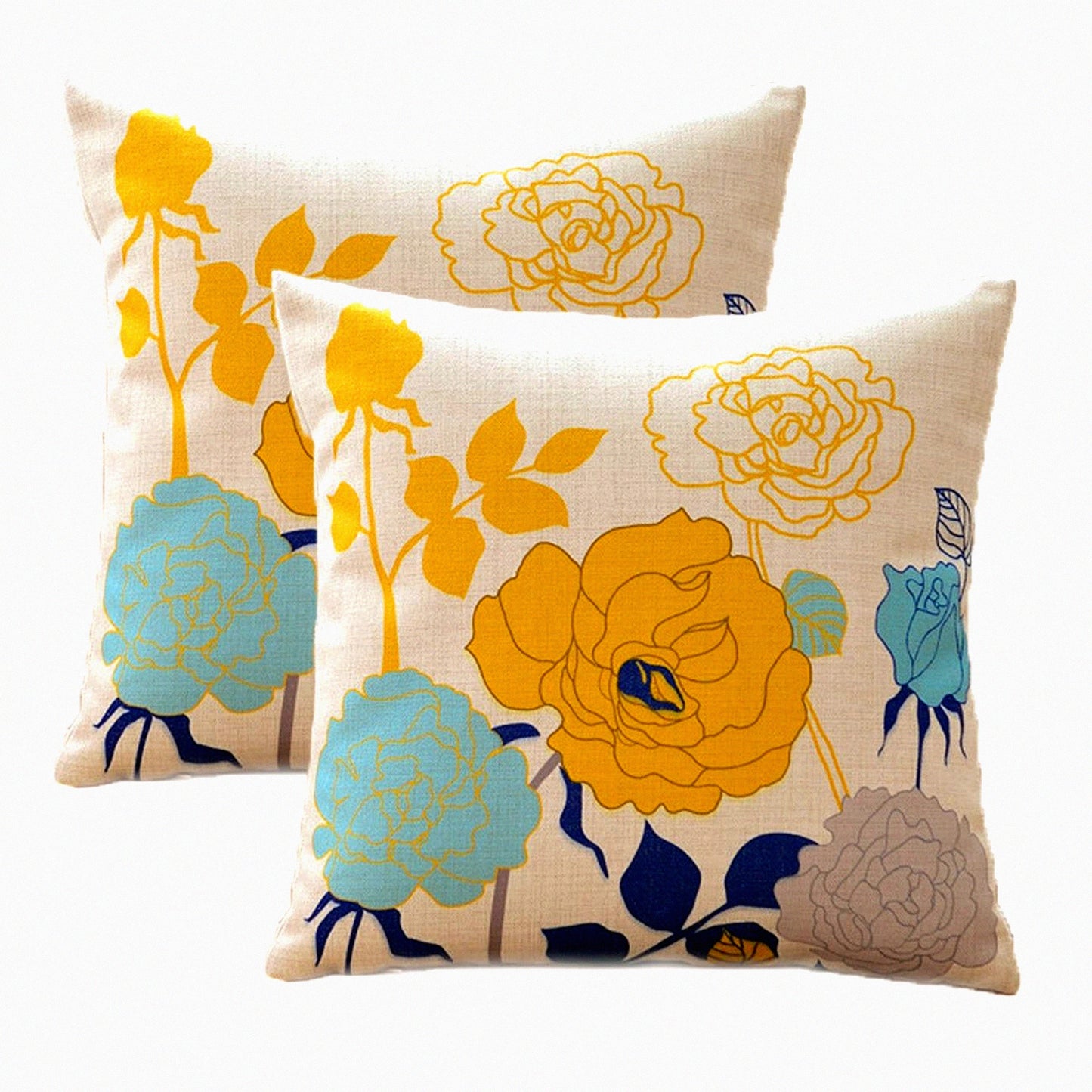 Floral Farmhouse Pillow Covers Set - Blue Yellow Cotton Linen Outdoor Throw 18x18 inch Decorative Cushion Cases for Couch Sofa Patio Porch - Pack of 2