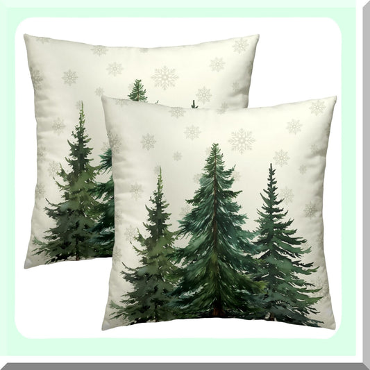 Winter Forest Green Rustic Snowflake Pillow Covers - Set of 2, 20x20 Cotton Square Decorative Cushion Cover for Home Sofa Bed Outdoor Décor
