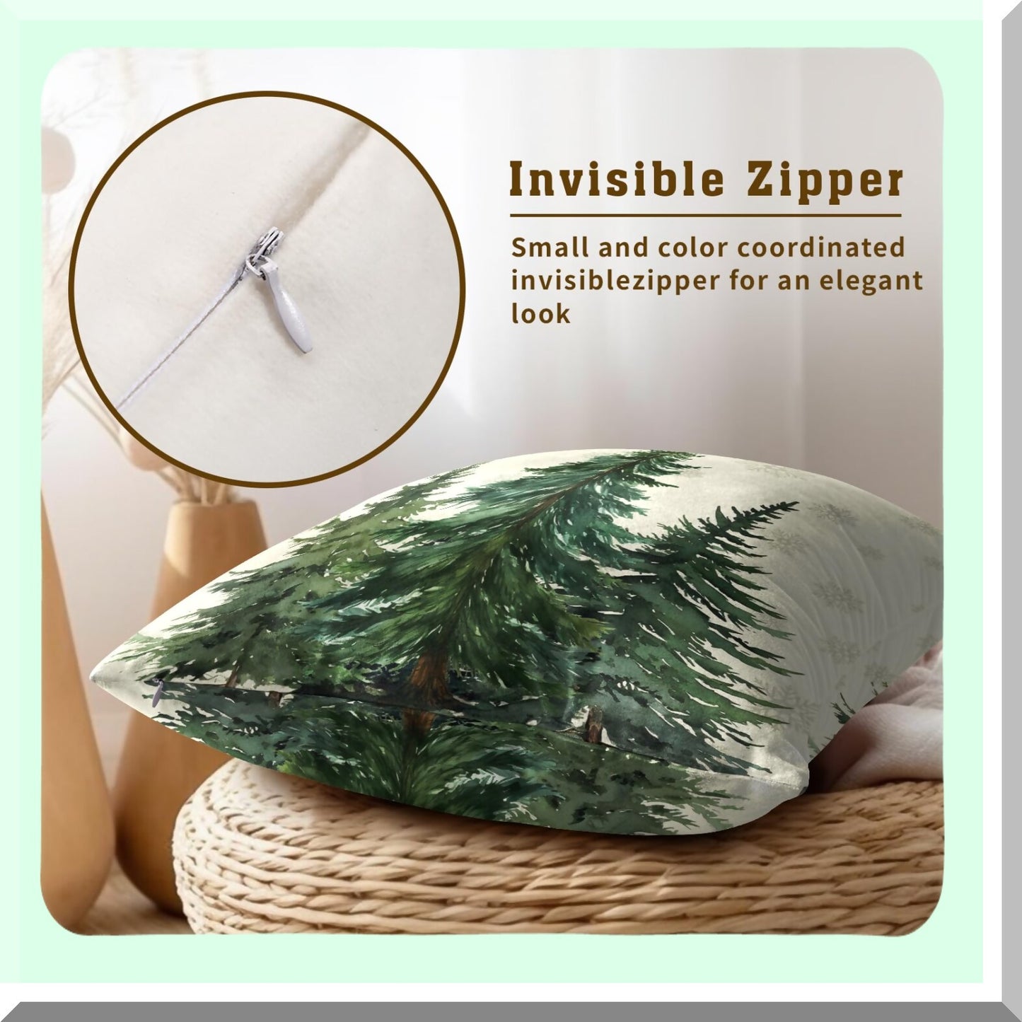 Winter Forest Green Rustic Snowflake Pillow Covers - Set of 2, 20x20 Cotton Square Decorative Cushion Cover for Home Sofa Bed Outdoor Décor