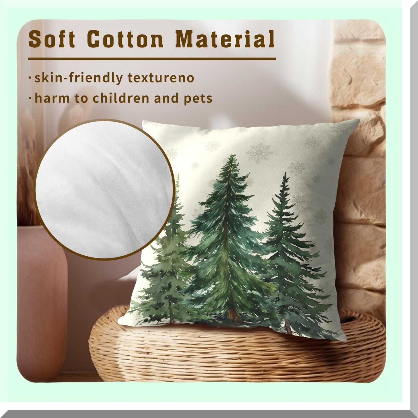 Winter Forest Green Rustic Snowflake Pillow Covers - Set of 2, 20x20 Cotton Square Decorative Cushion Cover for Home Sofa Bed Outdoor Décor