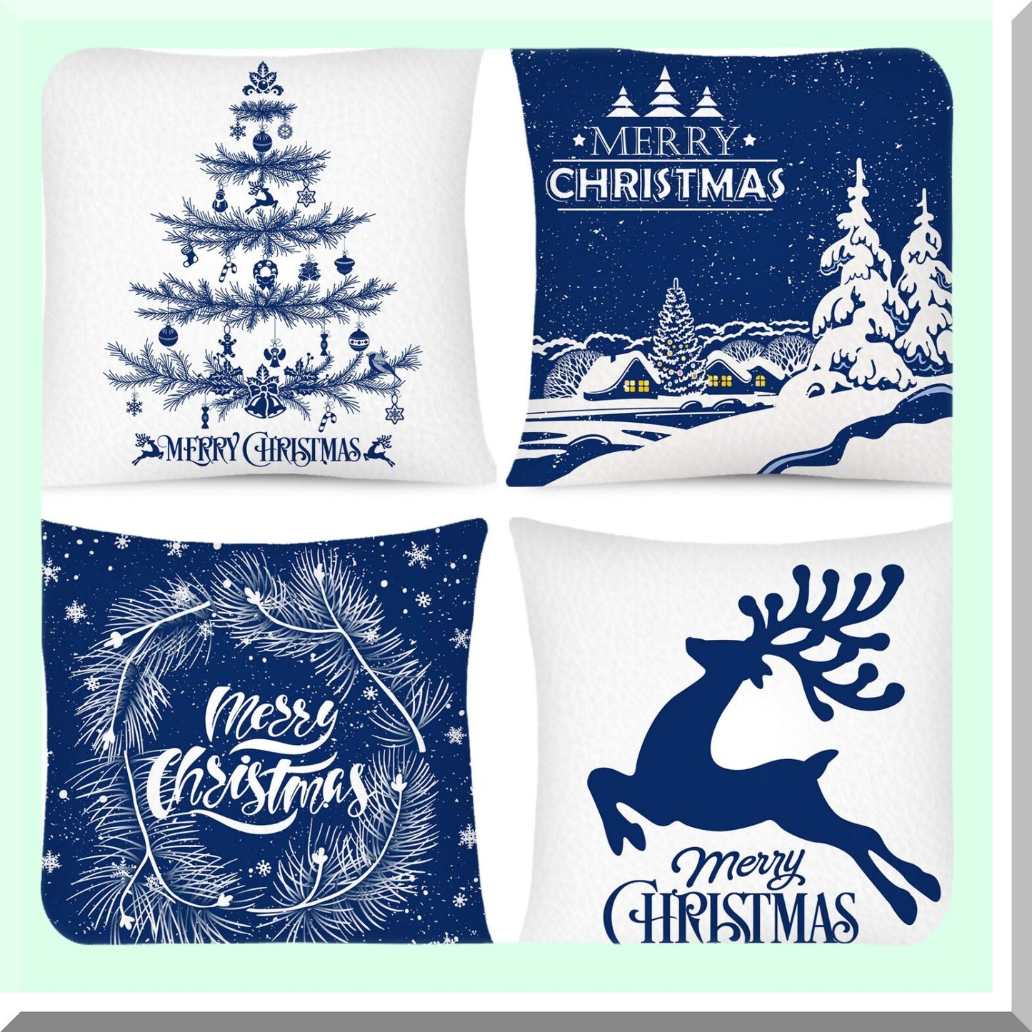 Snowy Christmas Pillow Cover Set - White Blue Xmas Tree Reindeer Throw Cushion Cases for Home Office Sofa Bed Party Decoration - 4 Pack, 18" x 18"