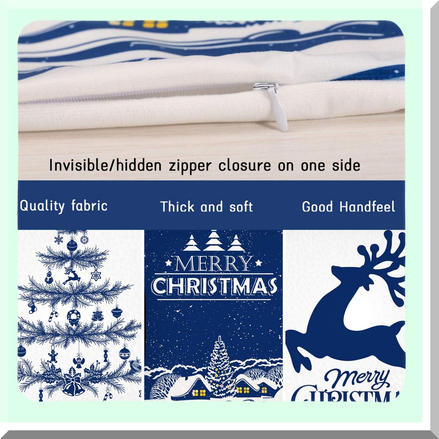 Snowy Christmas Pillow Cover Set - White Blue Xmas Tree Reindeer Throw Cushion Cases for Home Office Sofa Bed Party Decoration - 4 Pack, 18" x 18"