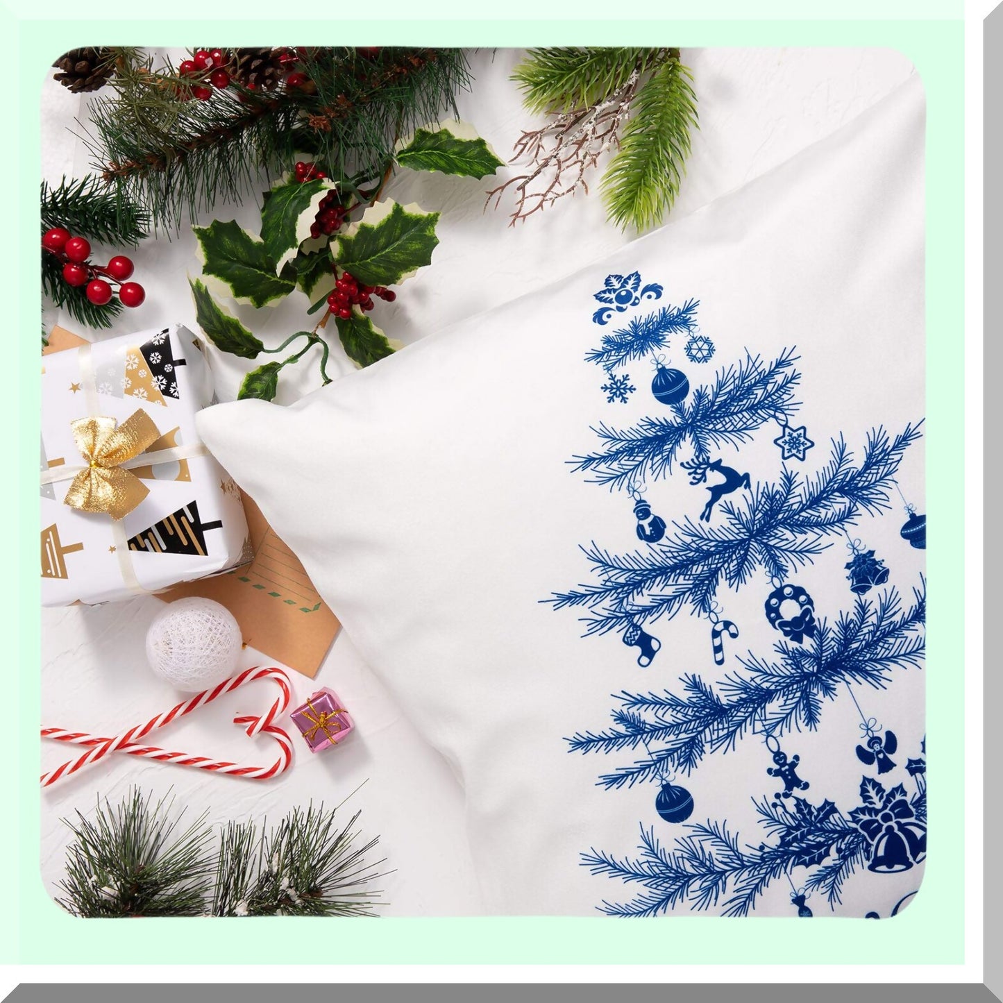 Snowy Christmas Pillow Cover Set - White Blue Xmas Tree Reindeer Throw Cushion Cases for Home Office Sofa Bed Party Decoration - 4 Pack, 18" x 18"
