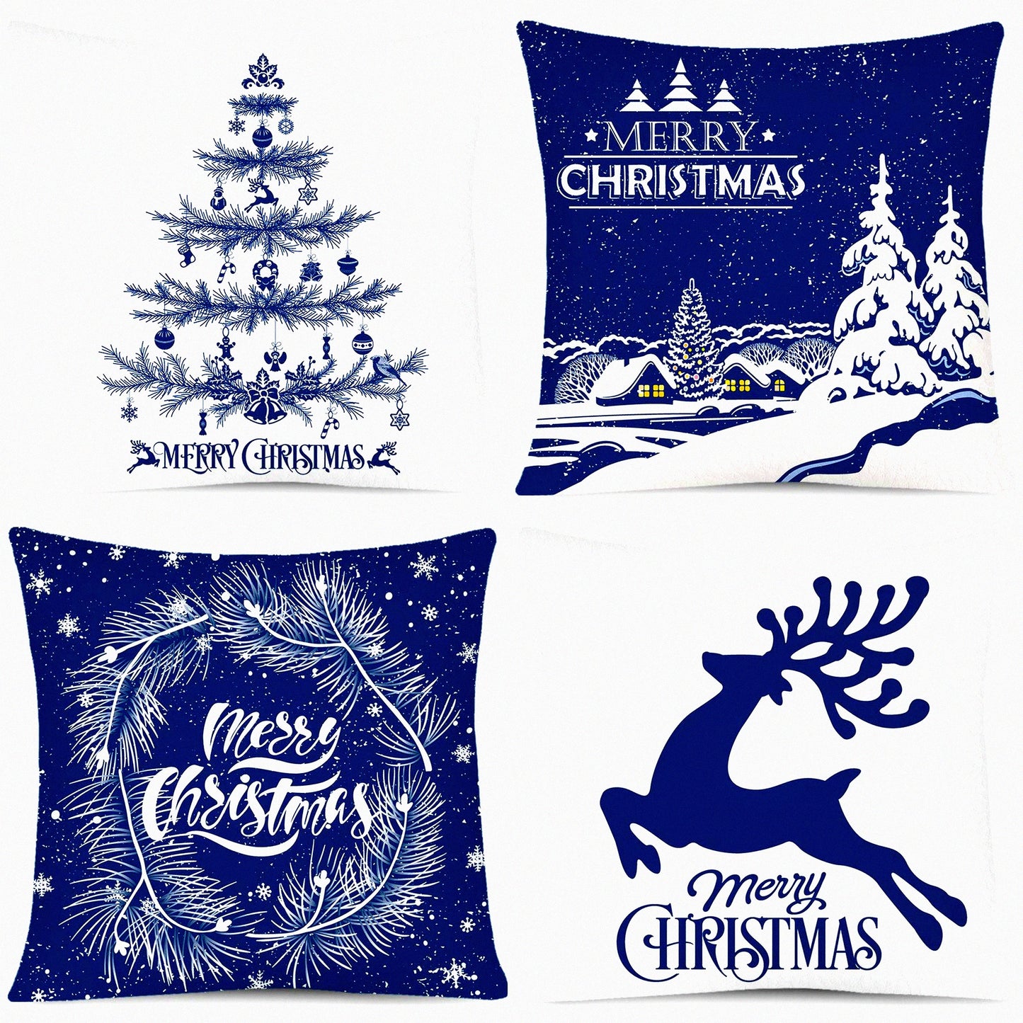 Snowy Christmas Pillow Cover Set - White Blue Xmas Tree Reindeer Throw Cushion Cases for Home Office Sofa Bed Party Decoration - 4 Pack, 18" x 18"