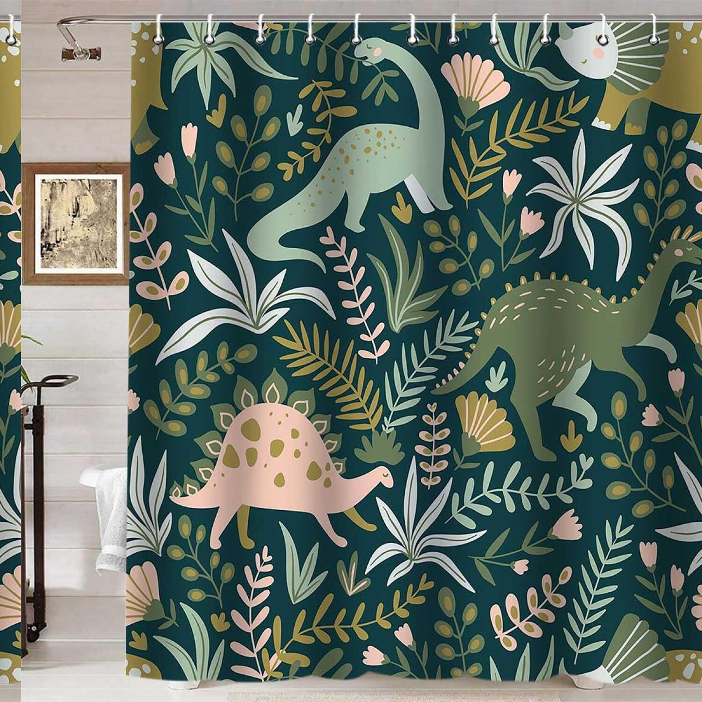 Pink Sage Green Dinosaur Kids Shower Curtain 72x72