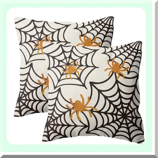Spider Web Holiday Pillow Covers - Set of 2, 18x18 Decorative Cushion Cases for Home Couch Sofa. Perfect Outdoor Decorations in Linen Material.