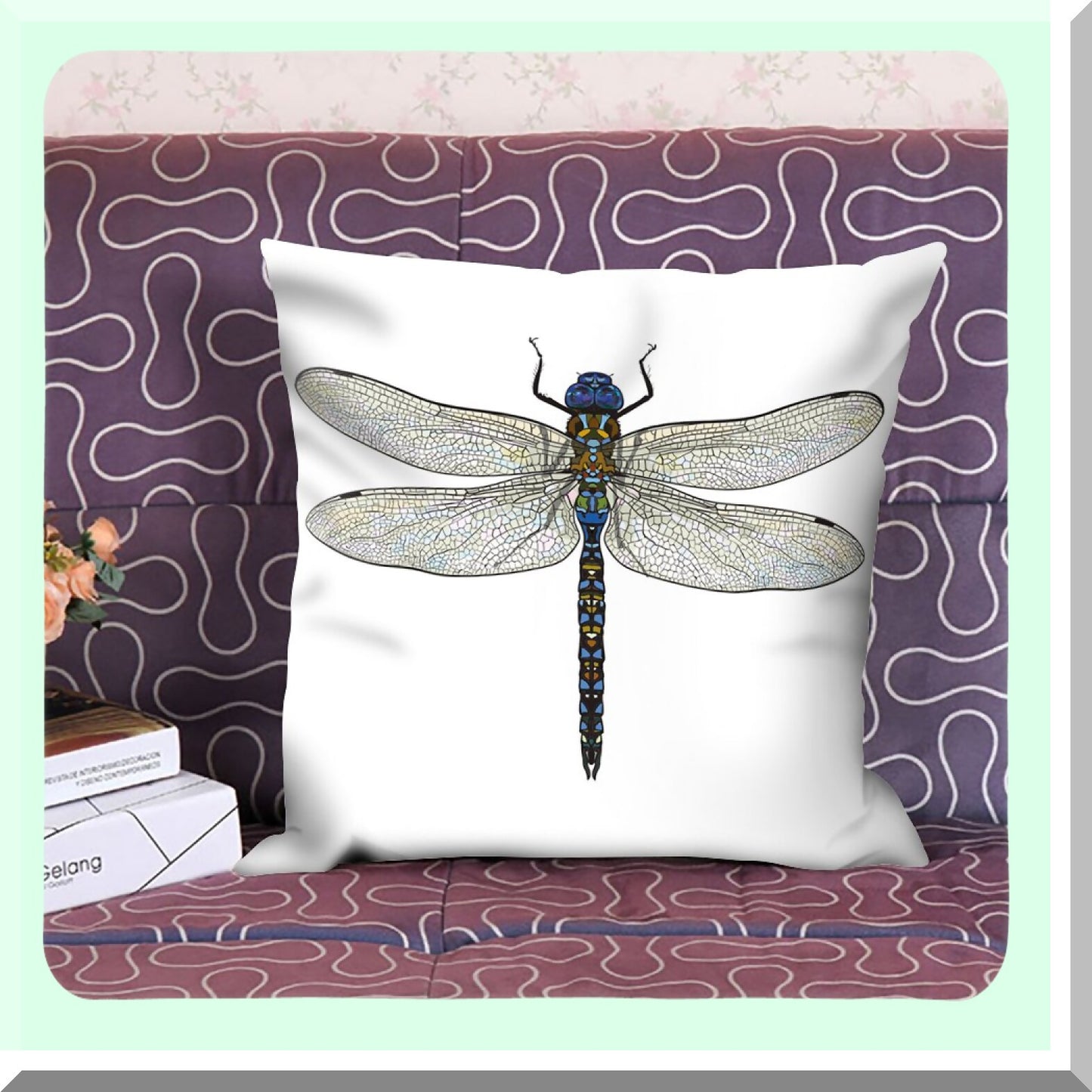 Dragonfly Wings Decorative Pillow Cover - Square Cushion Case for Sofa, Home Bedroom Living Room Decor - 18 x 18 Inch Blue Black White