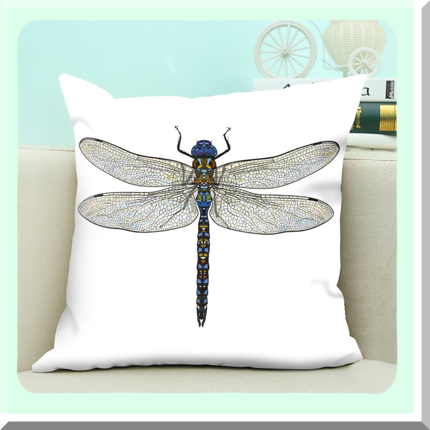 Dragonfly Wings Decorative Pillow Cover - Square Cushion Case for Sofa, Home Bedroom Living Room Decor - 18 x 18 Inch Blue Black White