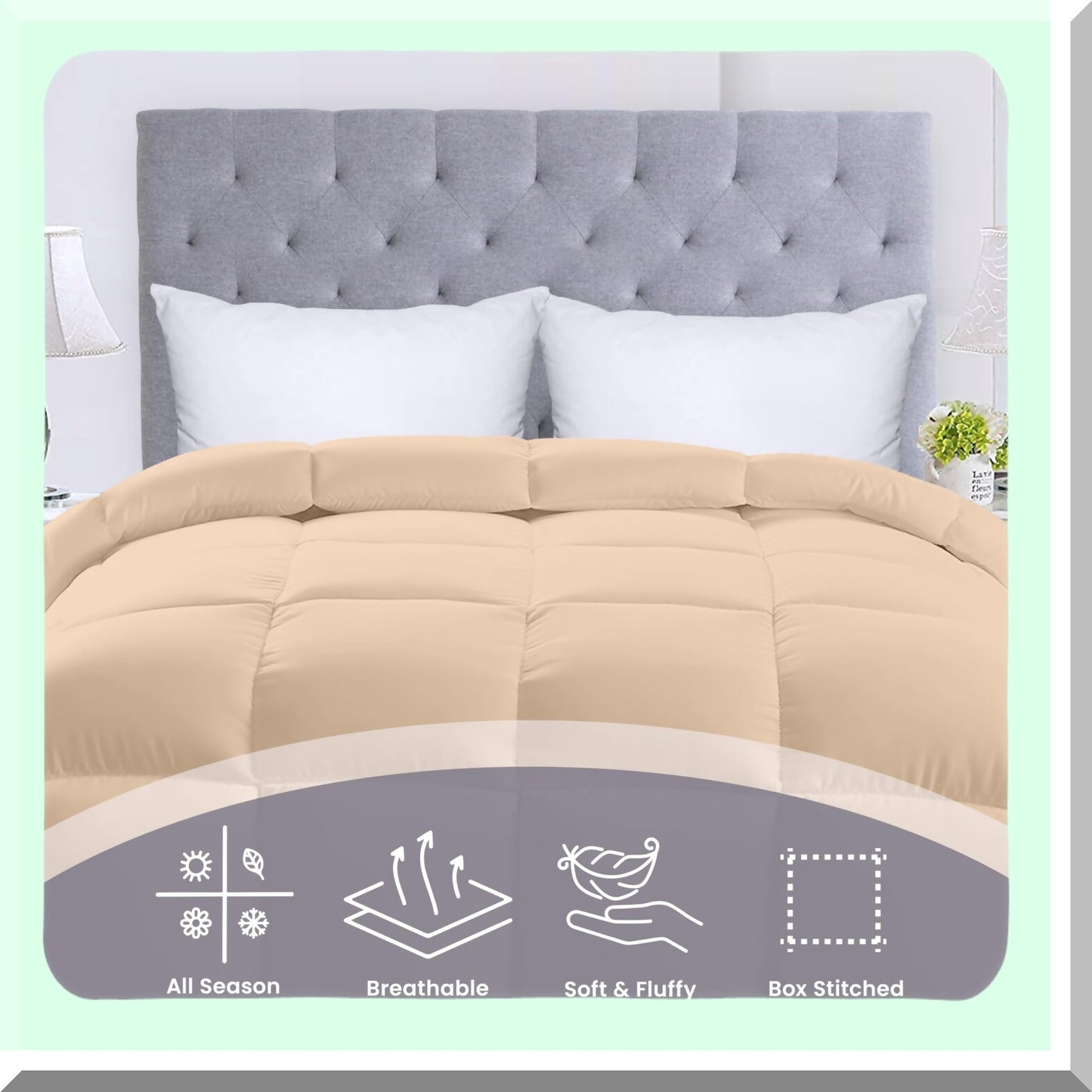Luxury Plush All Season Comforter - Queen Size 250 GSM Box Stitched Beige Bedding Set - Hypoallergenic Siliconized Fiberfill Duvet