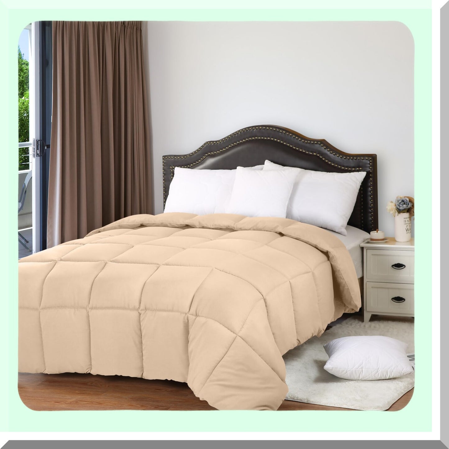 Luxury Plush All Season Comforter - Queen Size 250 GSM Box Stitched Beige Bedding Set - Hypoallergenic Siliconized Fiberfill Duvet
