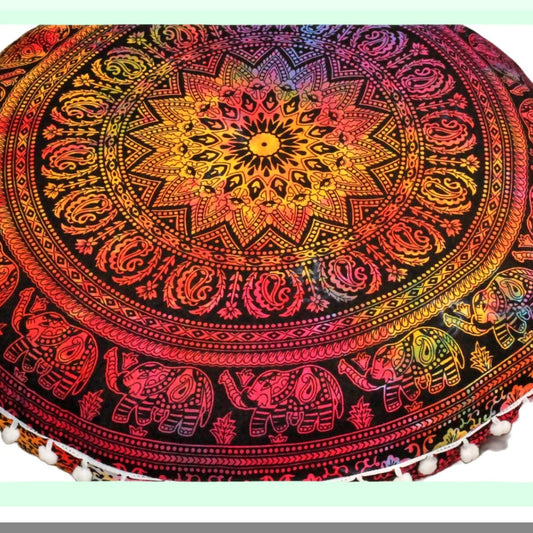 BohoMeditation Round Floor Cushion - 22" Elephant Pouf for Living Room, Yoga Room, Bedroom, Balcony & Garden Party Decoration. Cotton Cover.