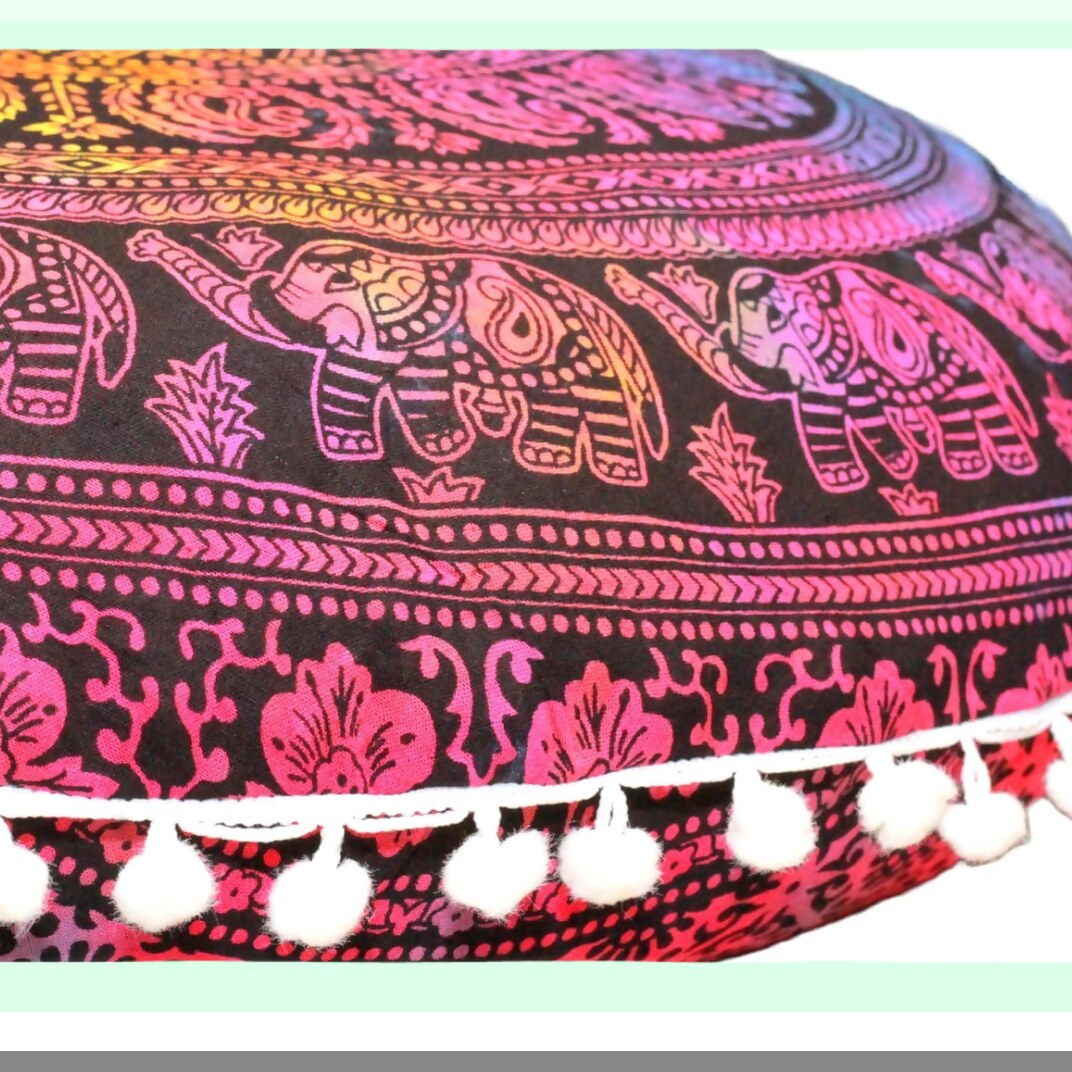 BohoMeditation Round Floor Cushion - 22" Elephant Pouf for Living Room, Yoga Room, Bedroom, Balcony & Garden Party Decoration. Cotton Cover.