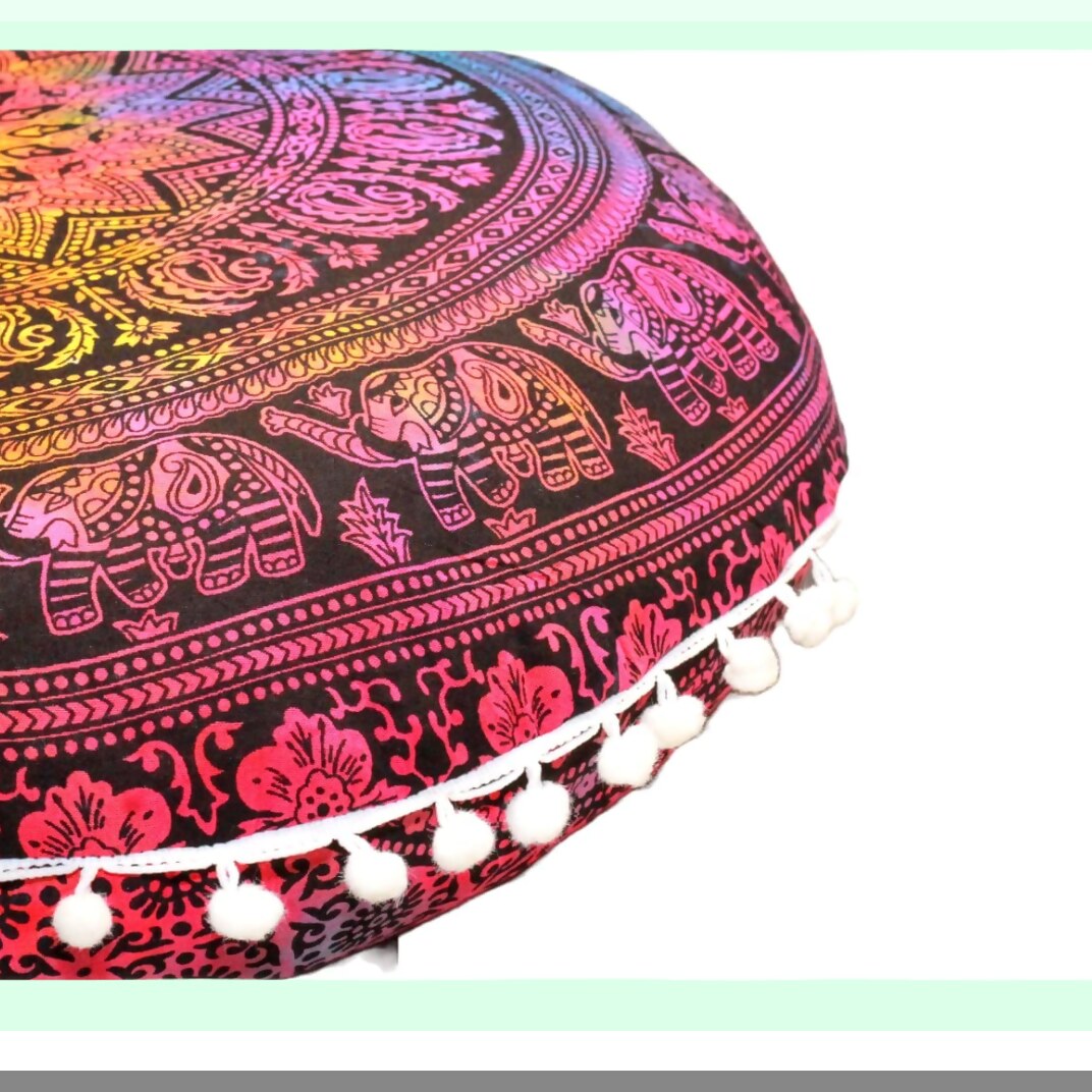 BohoMeditation Round Floor Cushion - 22" Elephant Pouf for Living Room, Yoga Room, Bedroom, Balcony & Garden Party Decoration. Cotton Cover.