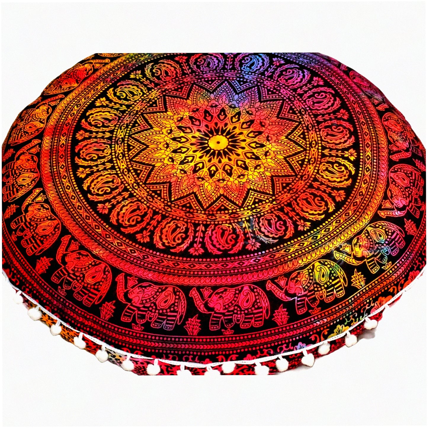 BohoMeditation Round Floor Cushion - 22" Elephant Pouf for Living Room, Yoga Room, Bedroom, Balcony & Garden Party Decoration. Cotton Cover.