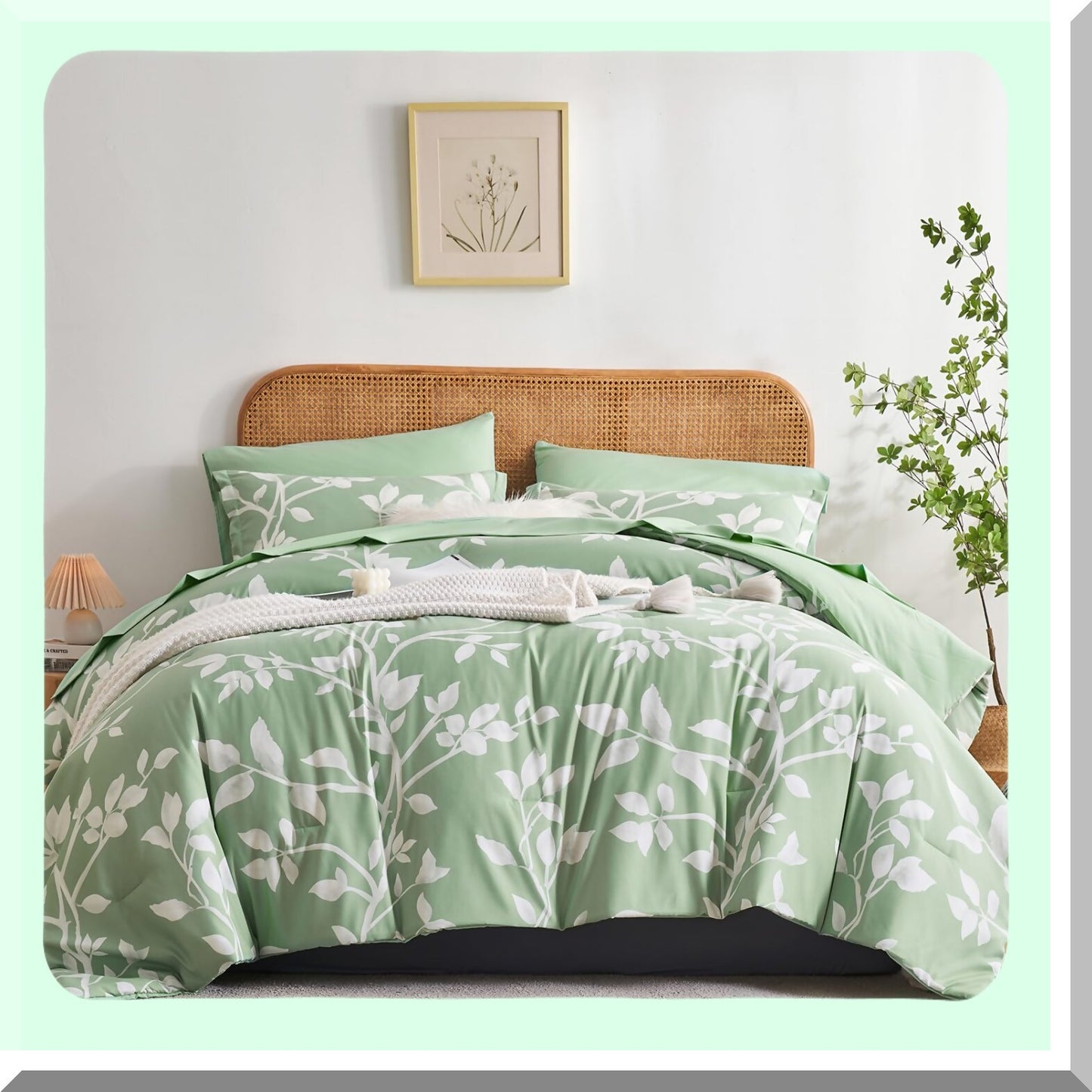 Botanical Bliss 7-Piece Sage Green Queen Comforter Set - White Leaves Pattern Bedding with Soft Microfiber Floral Comforter and Sheet Set - All Season Reversible Comfort