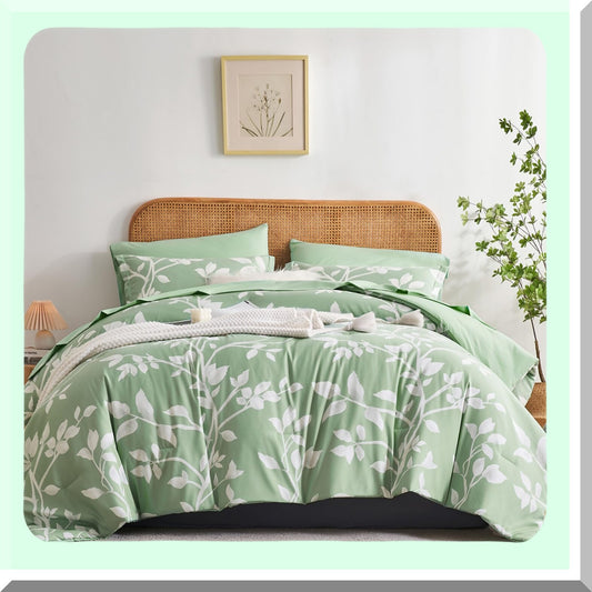 Botanical Bliss 7-Piece Sage Green Queen Comforter Set - White Leaves Pattern Bedding with Soft Microfiber Floral Comforter and Sheet Set - All Season Reversible Comfort