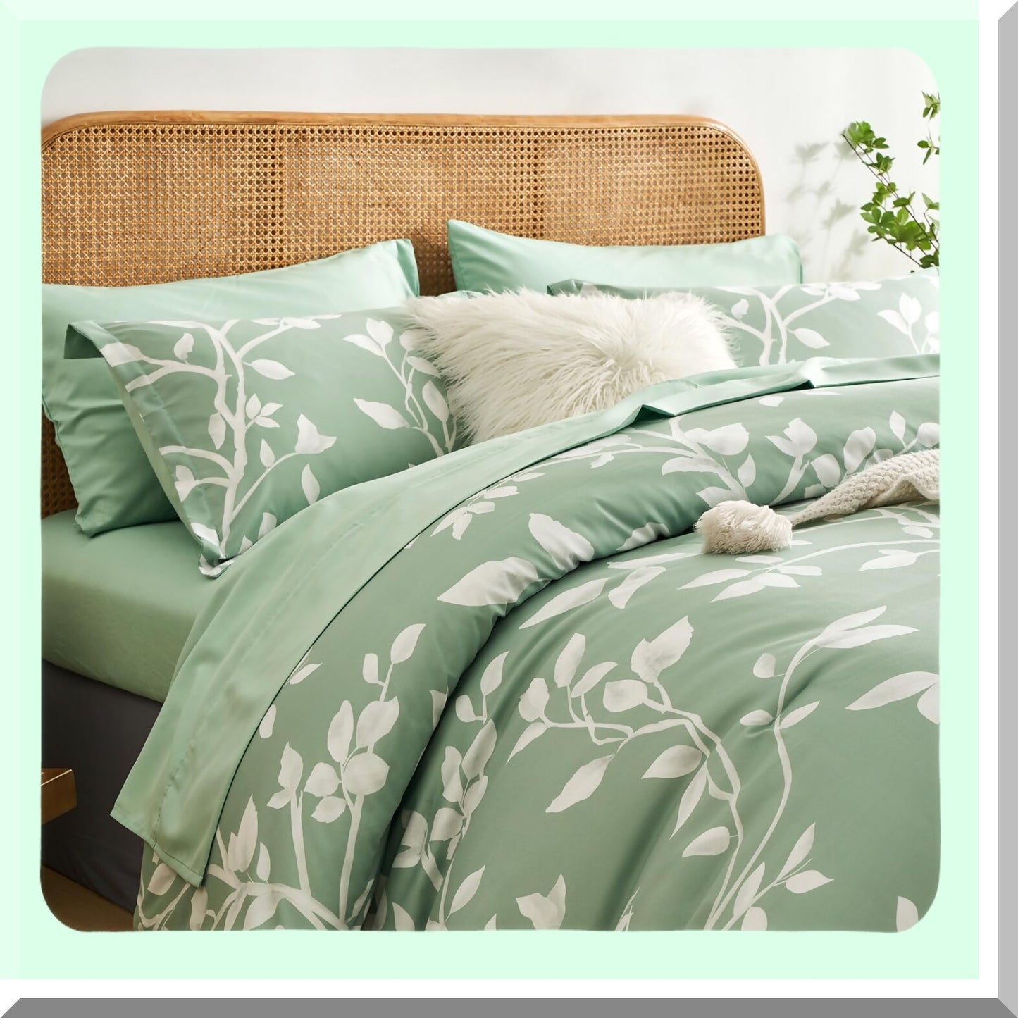 Botanical Bliss 7-Piece Sage Green Queen Comforter Set - White Leaves Pattern Bedding with Soft Microfiber Floral Comforter and Sheet Set - All Season Reversible Comfort