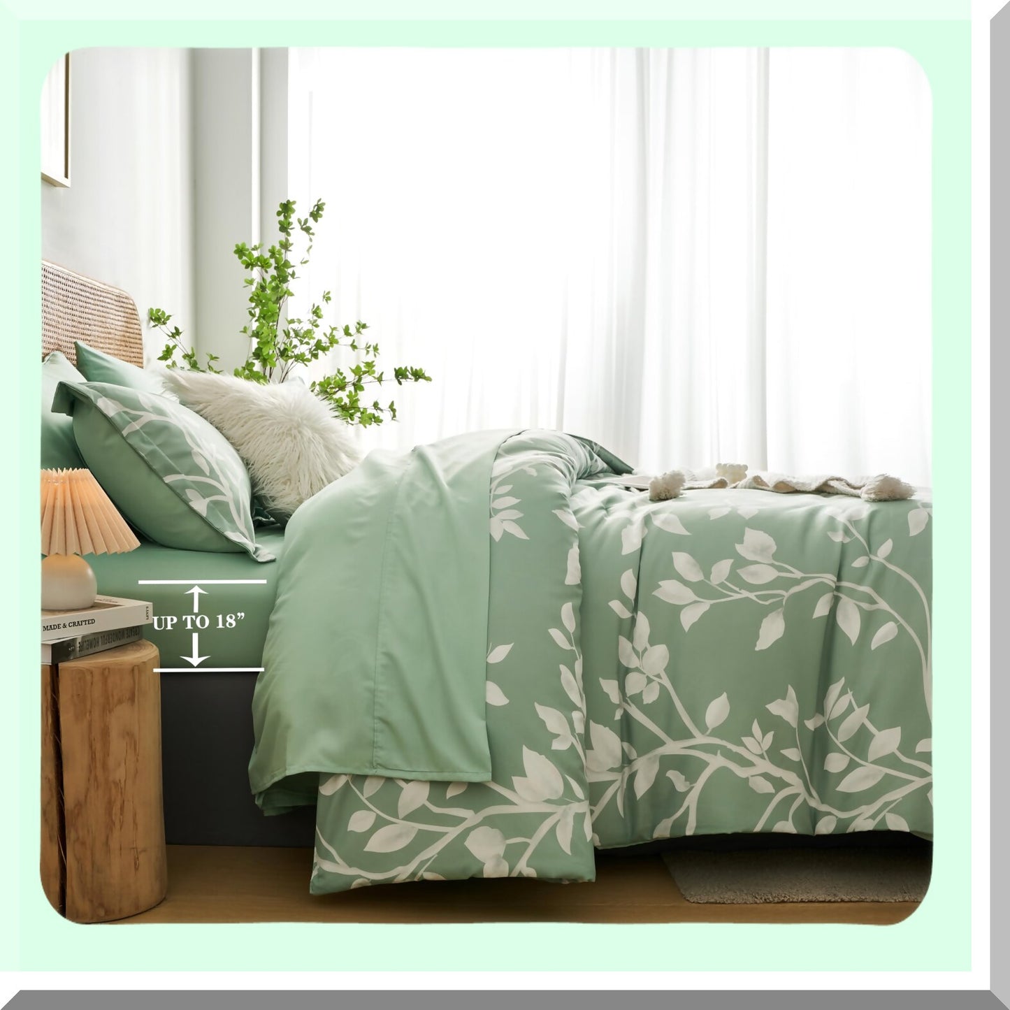 Botanical Bliss 7-Piece Sage Green Queen Comforter Set - White Leaves Pattern Bedding with Soft Microfiber Floral Comforter and Sheet Set - All Season Reversible Comfort
