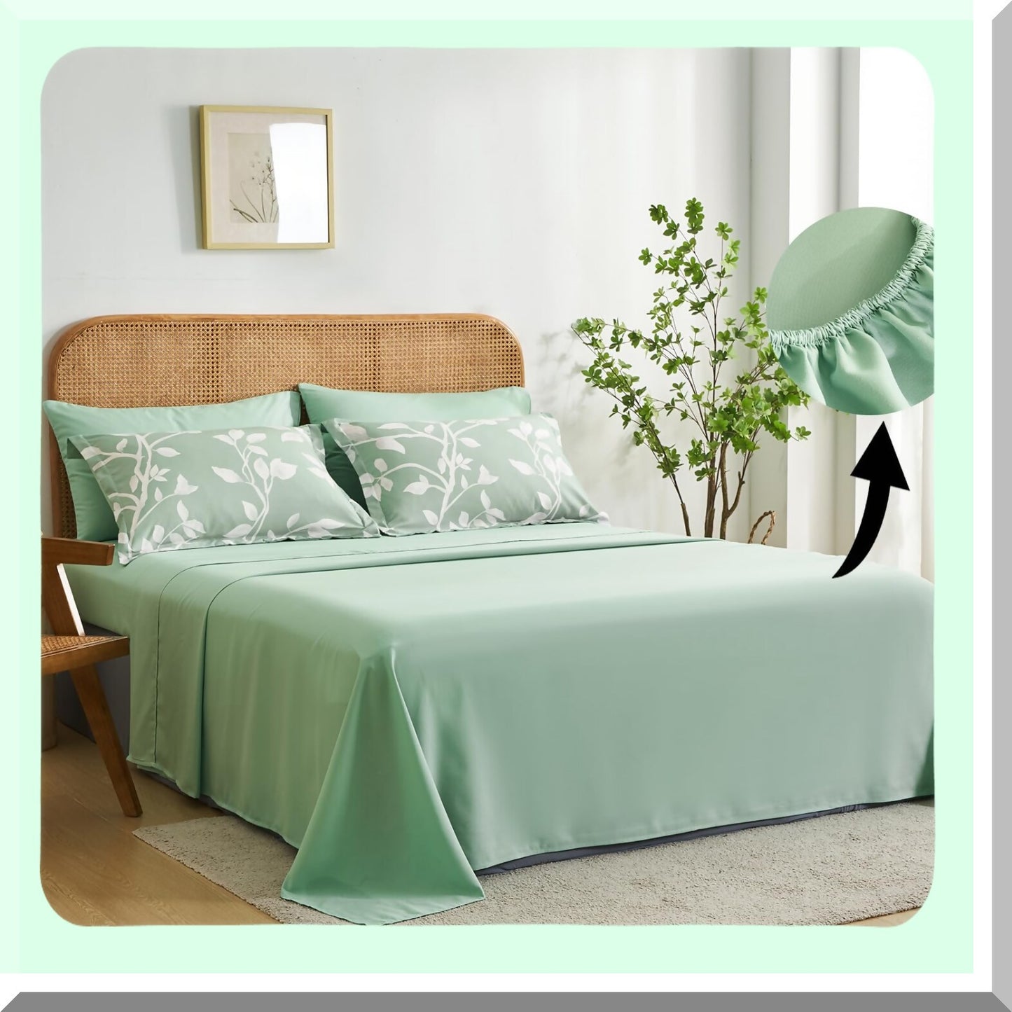 Botanical Bliss 7-Piece Sage Green Queen Comforter Set - White Leaves Pattern Bedding with Soft Microfiber Floral Comforter and Sheet Set - All Season Reversible Comfort