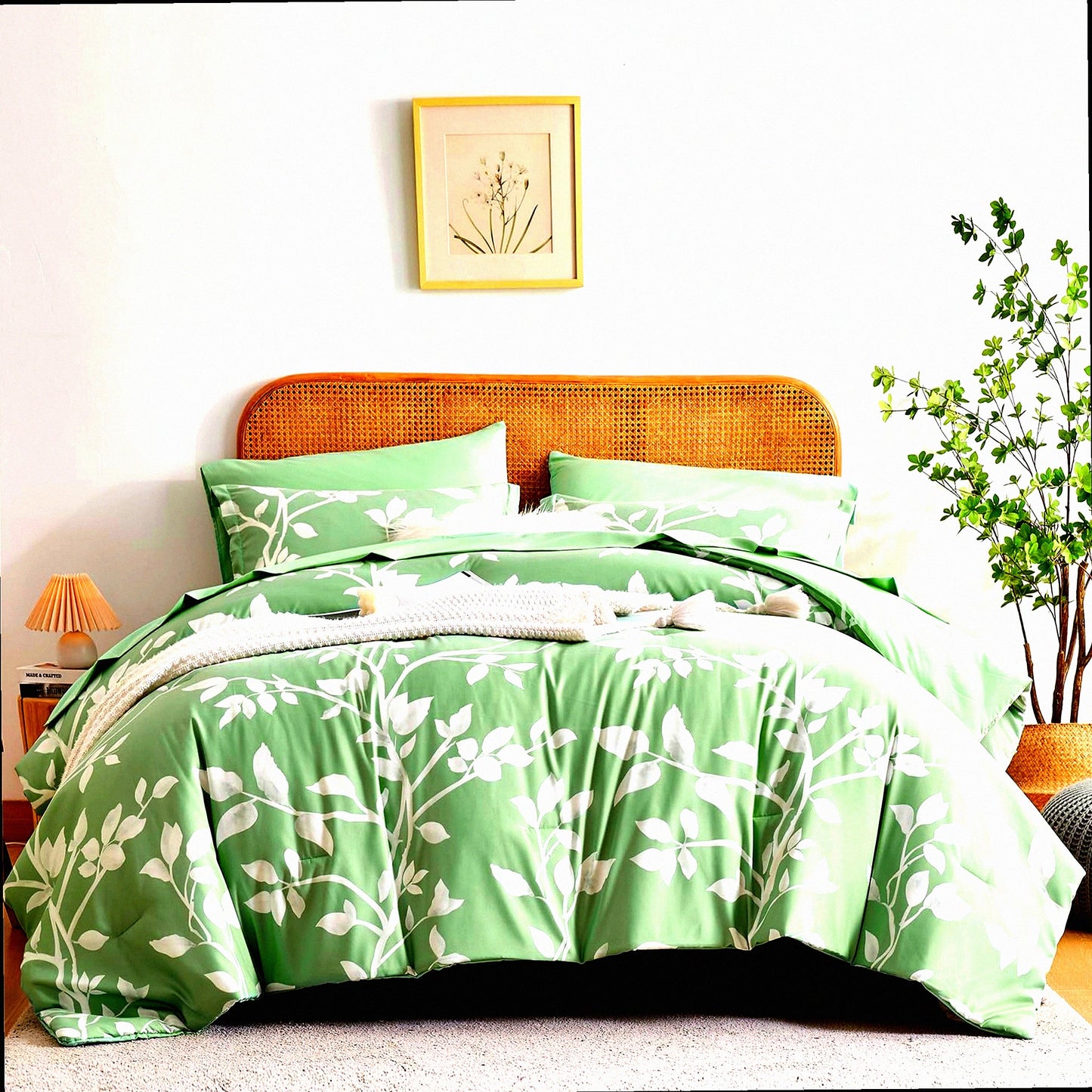 Botanical Bliss 7-Piece Sage Green Queen Comforter Set - White Leaves Pattern Bedding with Soft Microfiber Floral Comforter and Sheet Set - All Season Reversible Comfort