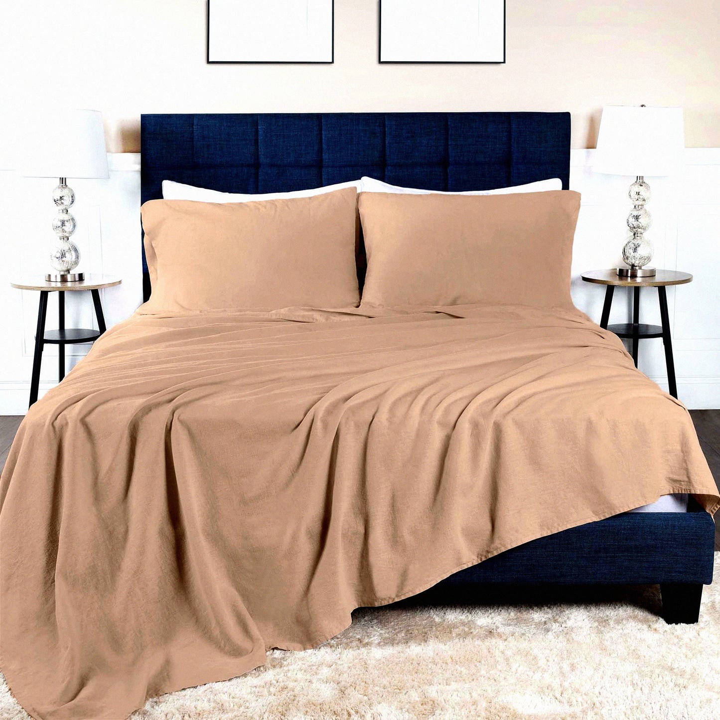 Modern Linen Cotton Blend Sheet Set - Tan - Oversized Fitted Sheet, Flat Sheet, Pillowcases - Bedroom Decor Essentials - Solid Bedding - Size Queen/King