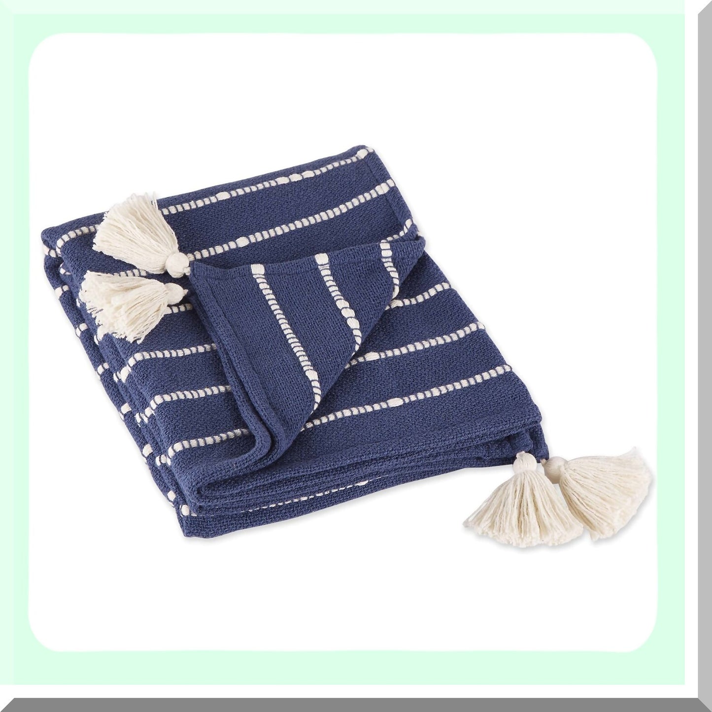 CozyStripe Cotton Slub Throw - Hand-Tied Tassels, 50x60, French Blue & Off-White