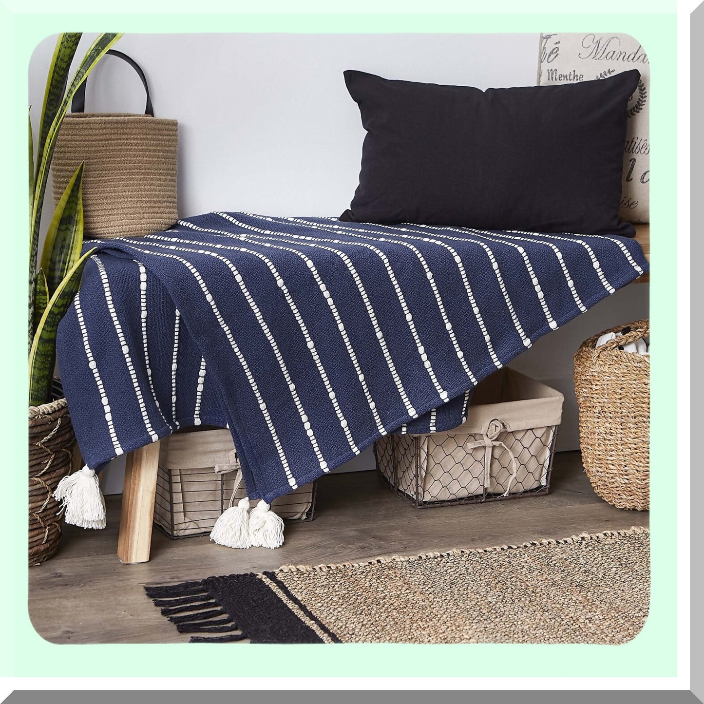 CozyStripe Cotton Slub Throw - Hand-Tied Tassels, 50x60, French Blue & Off-White