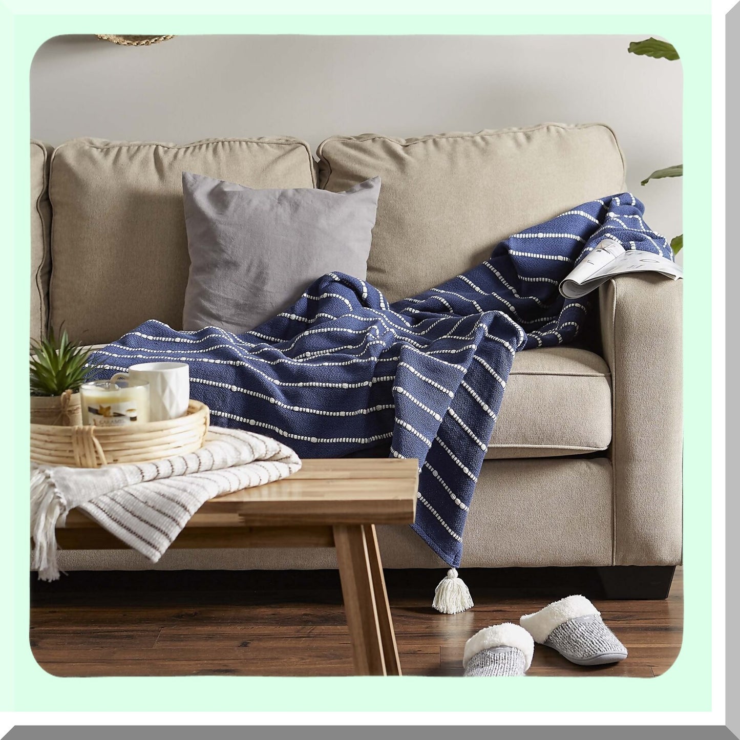 CozyStripe Cotton Slub Throw - Hand-Tied Tassels, 50x60, French Blue & Off-White