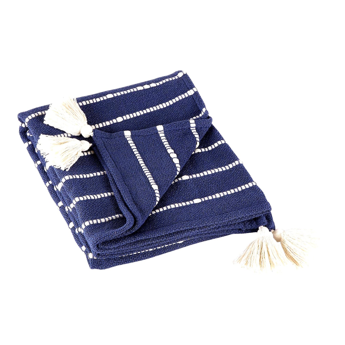 CozyStripe Cotton Slub Throw - Hand-Tied Tassels, 50x60, French Blue & Off-White