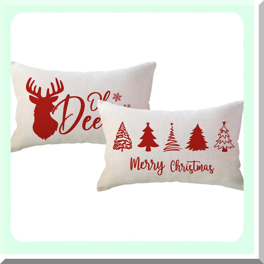 Winter Wonderland Farmhouse Holiday Pillow Covers - Deer & Xmas Trees Lumbar Cushion Set for Sofa, Couch & Porch Decor in Festive Red Theme