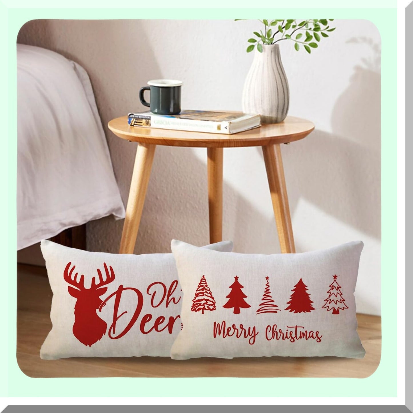 Winter Wonderland Farmhouse Holiday Pillow Covers - Deer & Xmas Trees Lumbar Cushion Set for Sofa, Couch & Porch Decor in Festive Red Theme
