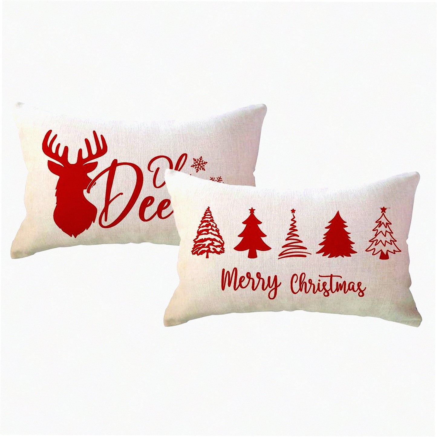 Winter Wonderland Farmhouse Holiday Pillow Covers - Deer & Xmas Trees Lumbar Cushion Set for Sofa, Couch & Porch Decor in Festive Red Theme