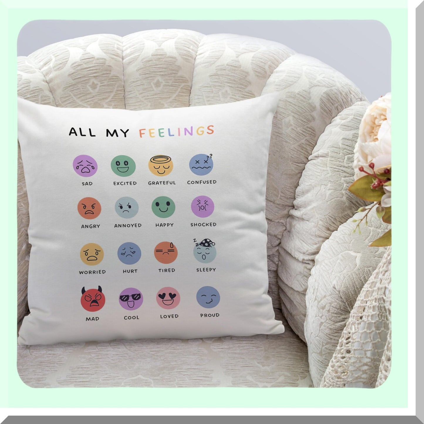 EmoChart Therapy Pillow Cover - Calming Corner Decor for School Counselor Office. Mental Health Educational Gift for Kids, 18x18 Inches.