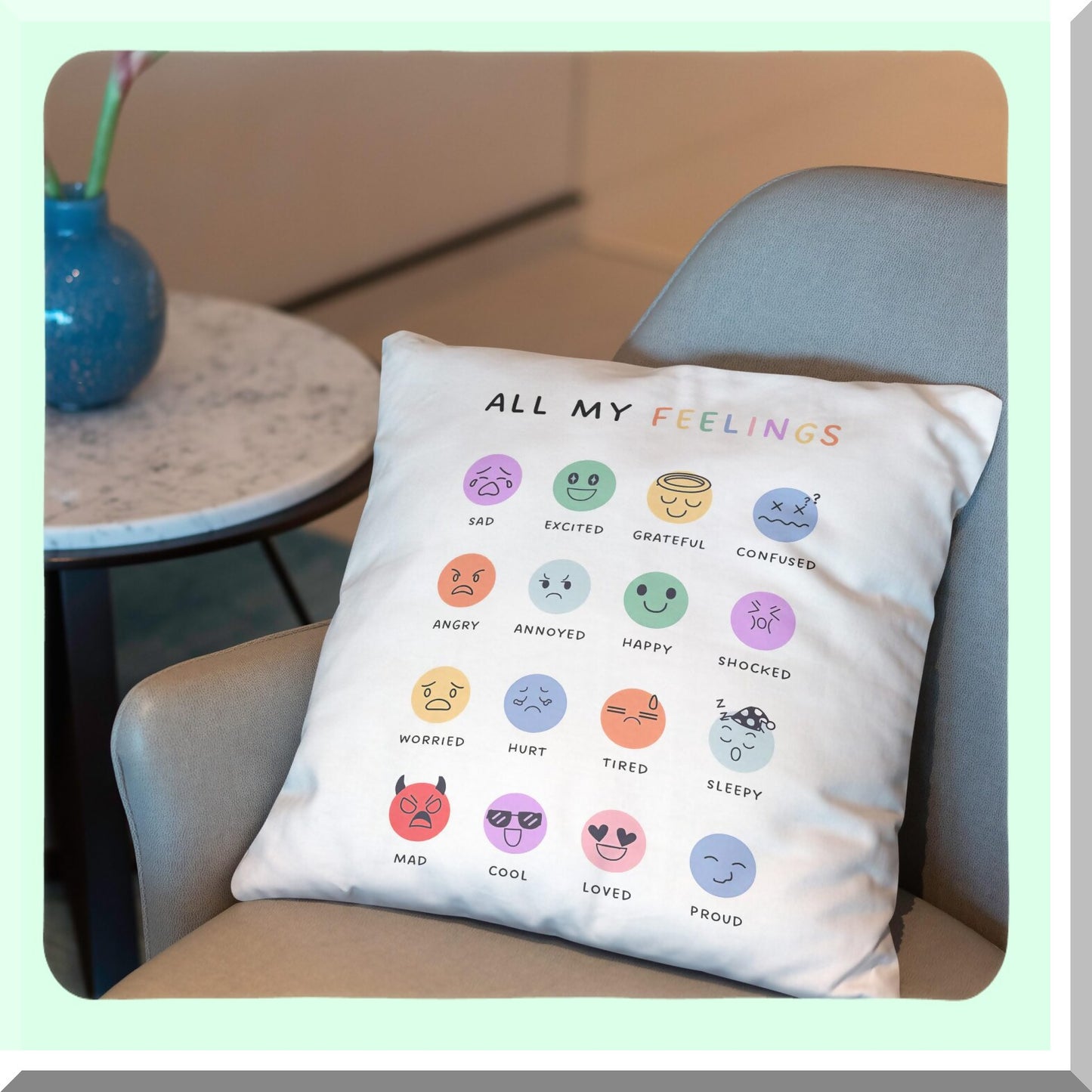EmoChart Therapy Pillow Cover - Calming Corner Decor for School Counselor Office. Mental Health Educational Gift for Kids, 18x18 Inches.