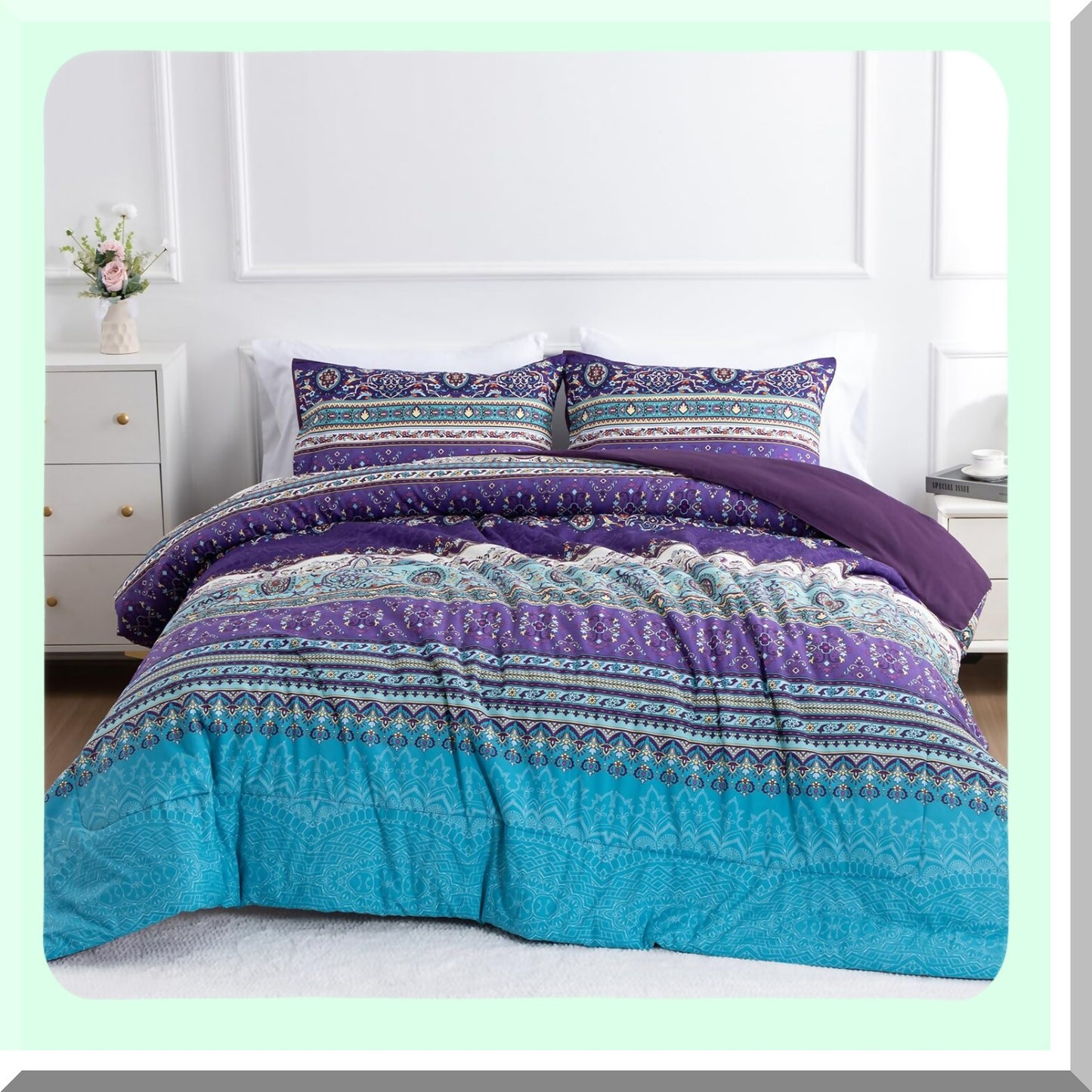 Purple Paisley Dream Comforter Set - Boho Chic Medallion Exotic Bedding Collection - Soft Microfiber Bohemian Bed Set - Colorful Floral Print