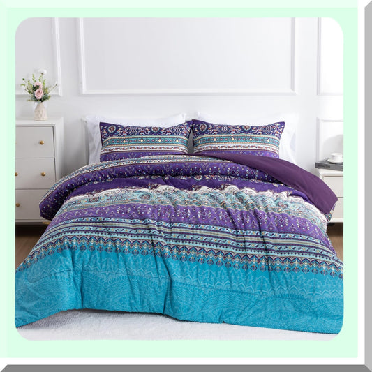 Purple Paisley Dream Comforter Set - Boho Chic Medallion Exotic Bedding Collection - Soft Microfiber Bohemian Bed Set - Colorful Floral Print