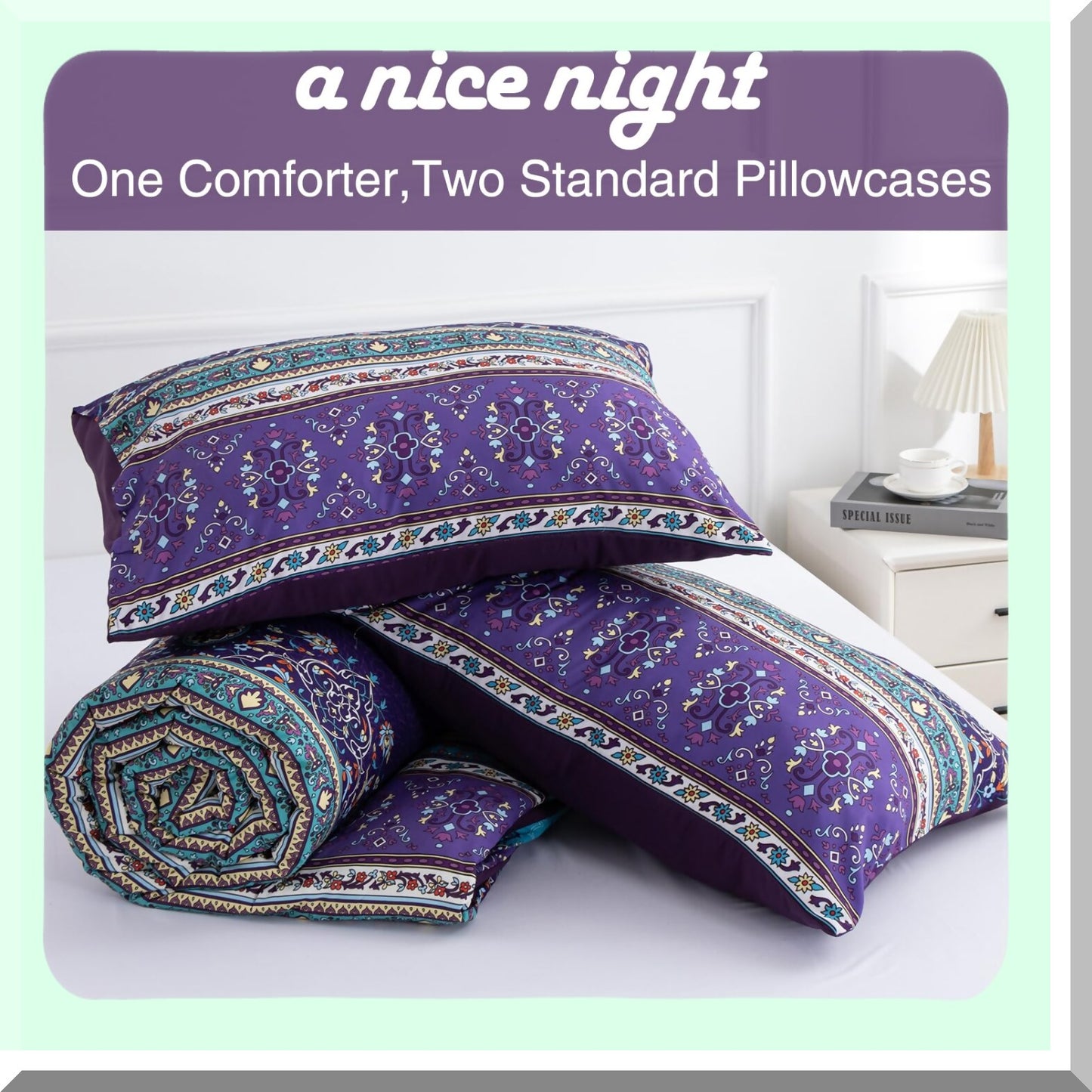 Purple Paisley Dream Comforter Set - Boho Chic Medallion Exotic Bedding Collection - Soft Microfiber Bohemian Bed Set - Colorful Floral Print