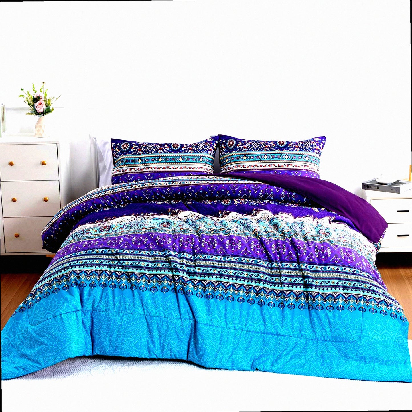 Purple Paisley Dream Comforter Set - Boho Chic Medallion Exotic Bedding Collection - Soft Microfiber Bohemian Bed Set - Colorful Floral Print