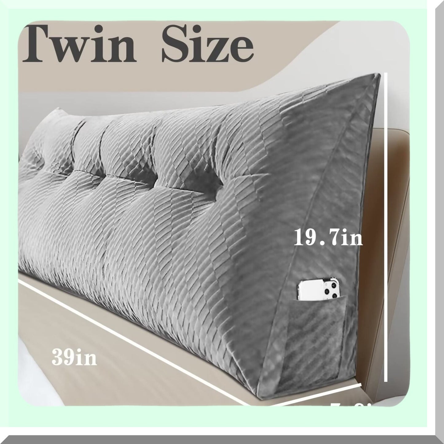 Triangular Backrest Support Pillow - Grey Twin Bed Wedge & Bolster Set for Reading, Positioning, and Day Bunk Bed - Removable Cover Included