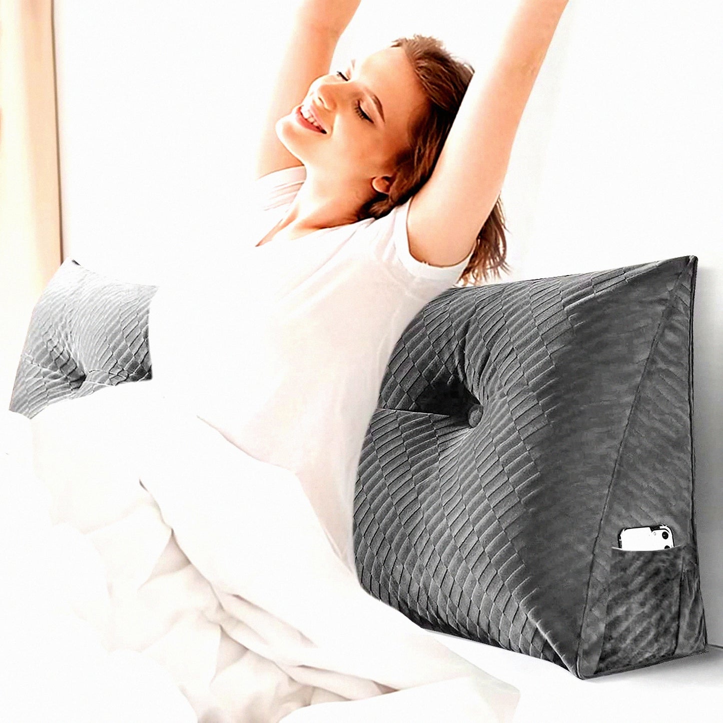 Triangular Backrest Support Pillow - Grey Twin Bed Wedge & Bolster Set for Reading, Positioning, and Day Bunk Bed - Removable Cover Included