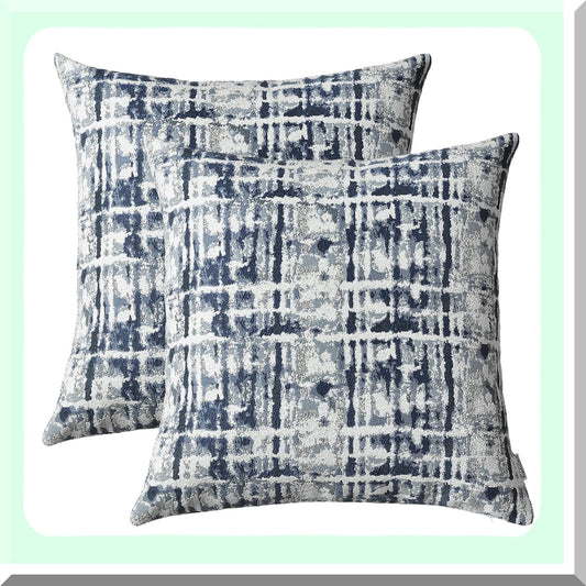 Navy Blue Striped Jacquard Throw Pillow Covers - Set of 2, 18x18 Inch Decorative Cushion Cases for Couch, Sofa, Bedroom - Soft & Stylish Home Decor Accessory