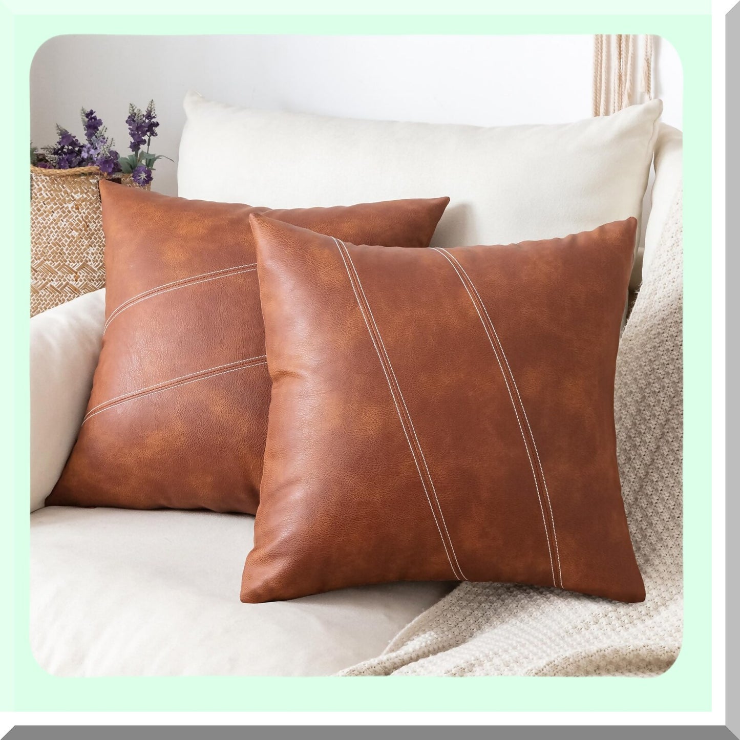 Boho Farmhouse Cognac Stripe Pillow Covers - Set of 2, 20X20 Inch Leather Accent Square Throw Pillow Covers for Home Decor, Living Room, Bedroom & Outdoor Couch Bed