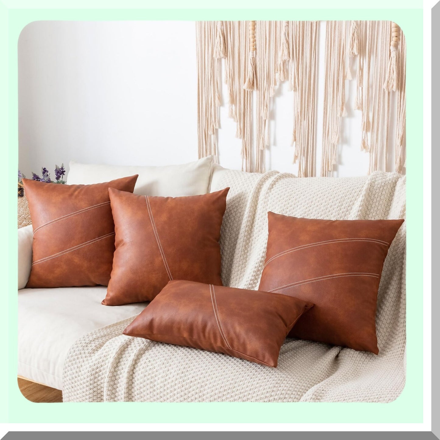 Boho Farmhouse Cognac Stripe Pillow Covers - Set of 2, 20X20 Inch Leather Accent Square Throw Pillow Covers for Home Decor, Living Room, Bedroom & Outdoor Couch Bed