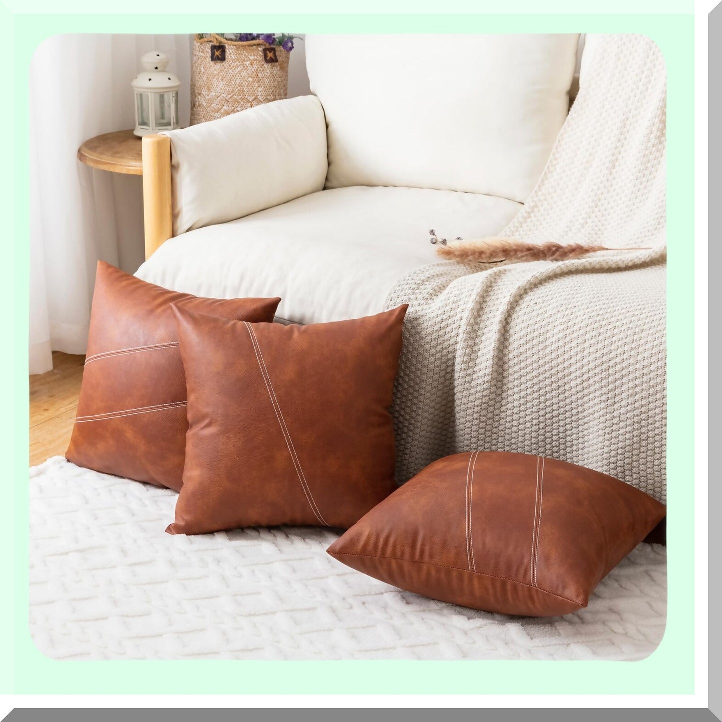 Boho Farmhouse Cognac Stripe Pillow Covers - Set of 2, 20X20 Inch Leather Accent Square Throw Pillow Covers for Home Decor, Living Room, Bedroom & Outdoor Couch Bed